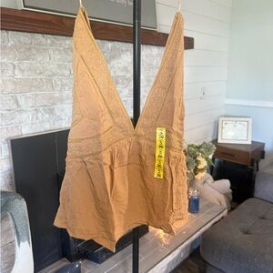 Melrose and Market Tan Crochet V-Neck Peplum Camisole